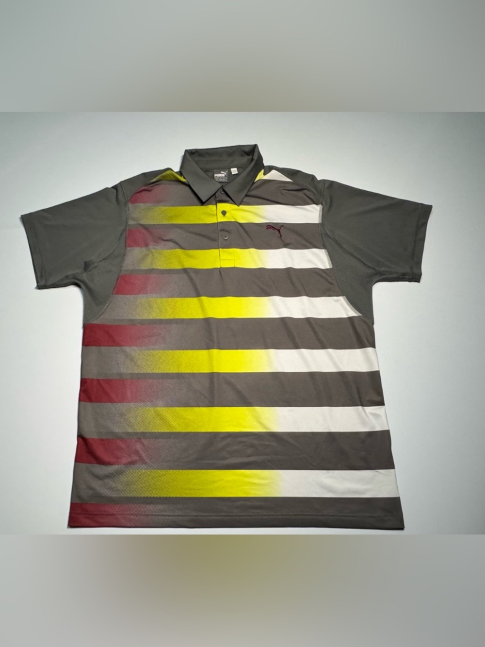 Puma Men’s Striped Golf Polo in Gray with Yellow & Red Accents Size Large